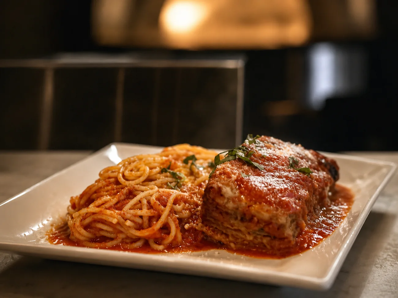 Chicken parmigiana over spaghetti with marinara and melted mozzarella