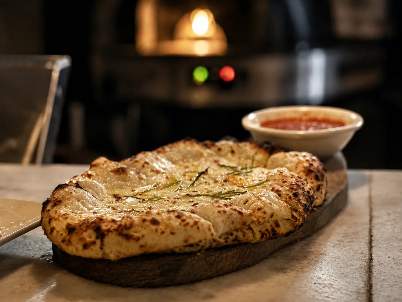 Wood-fired garlic bread served with marinara
