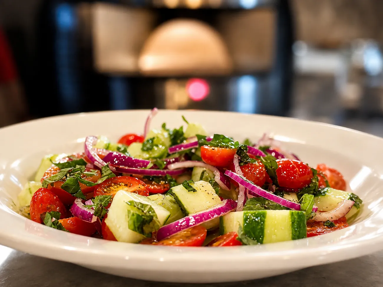 A chopped Italian salad with tomato, cucumber and red onion