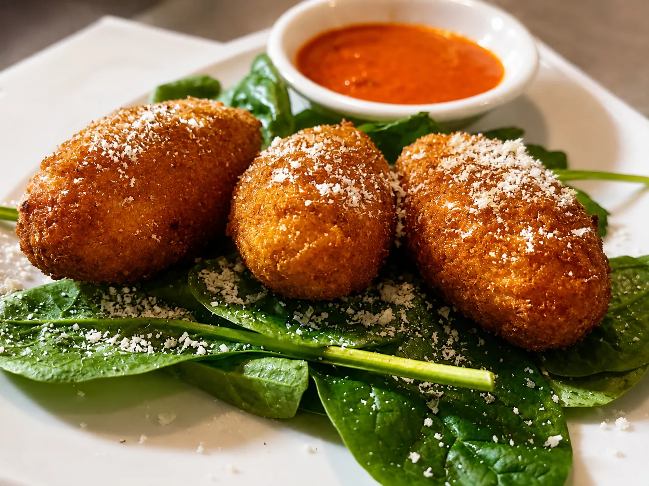 Golden arancini with marinara over fresh spinach