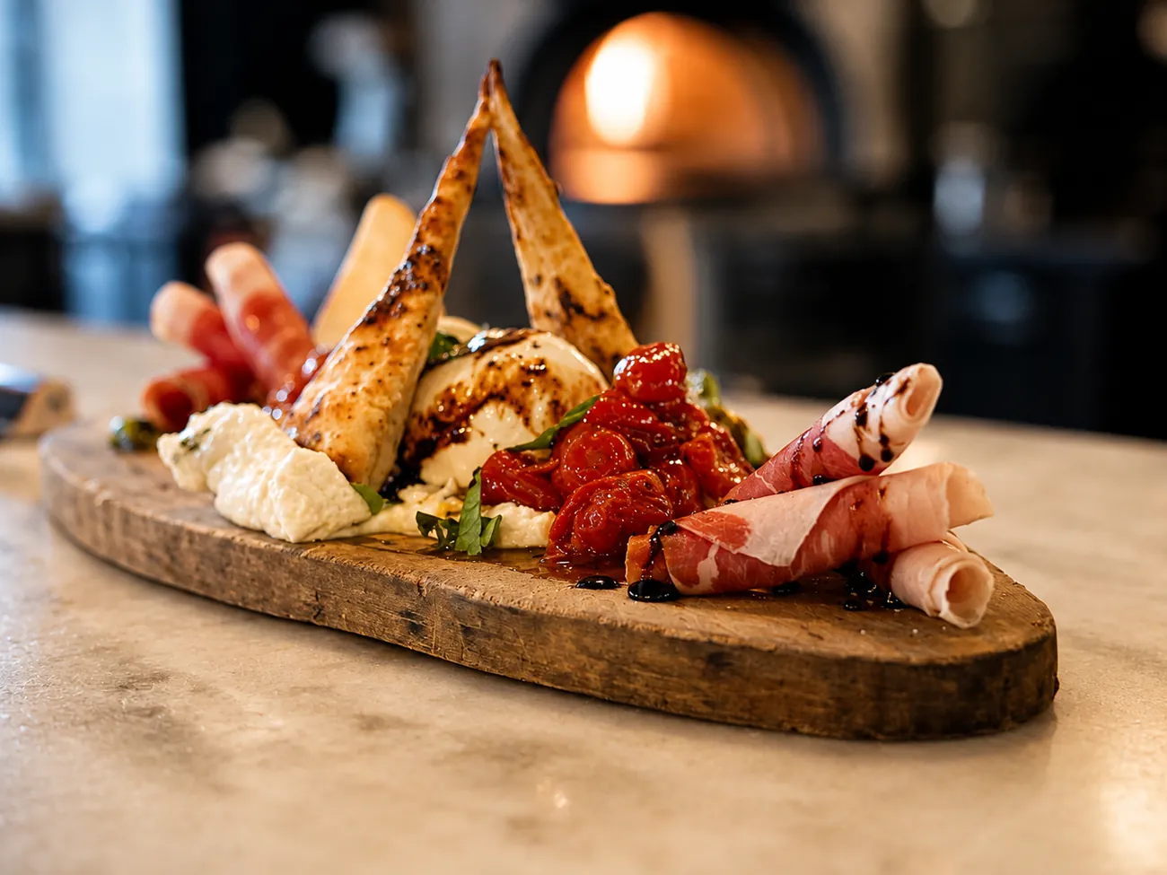 An antipasto board with cured meats, cheeses and fresh bread