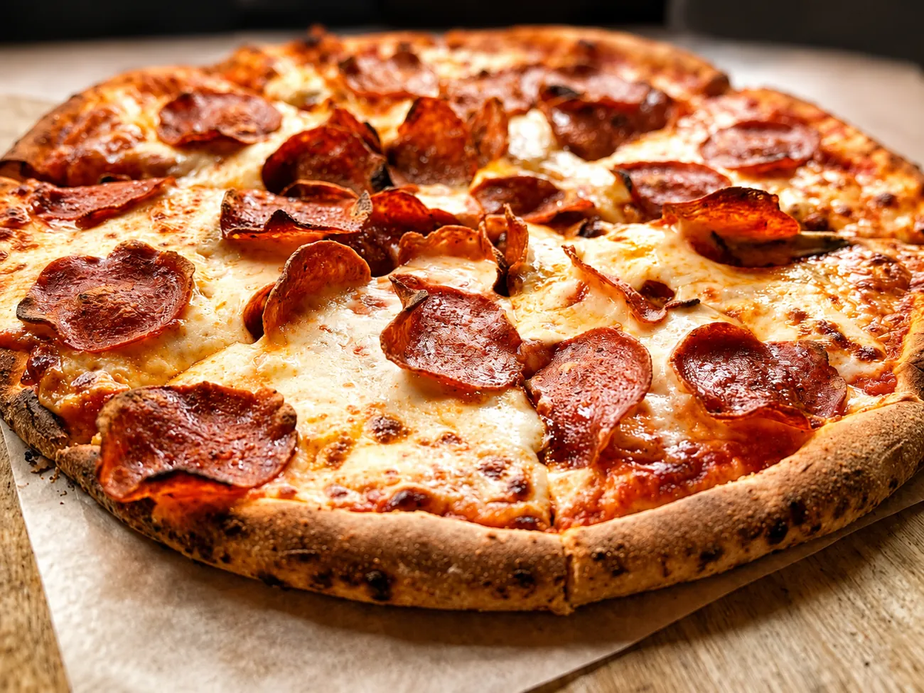 A wood-fired pepperoni pizza