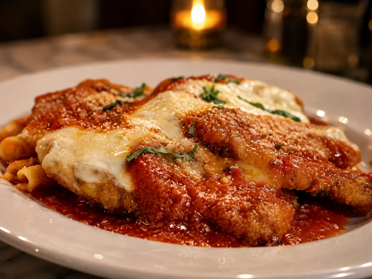 Chicken parmigiana, candlelit
