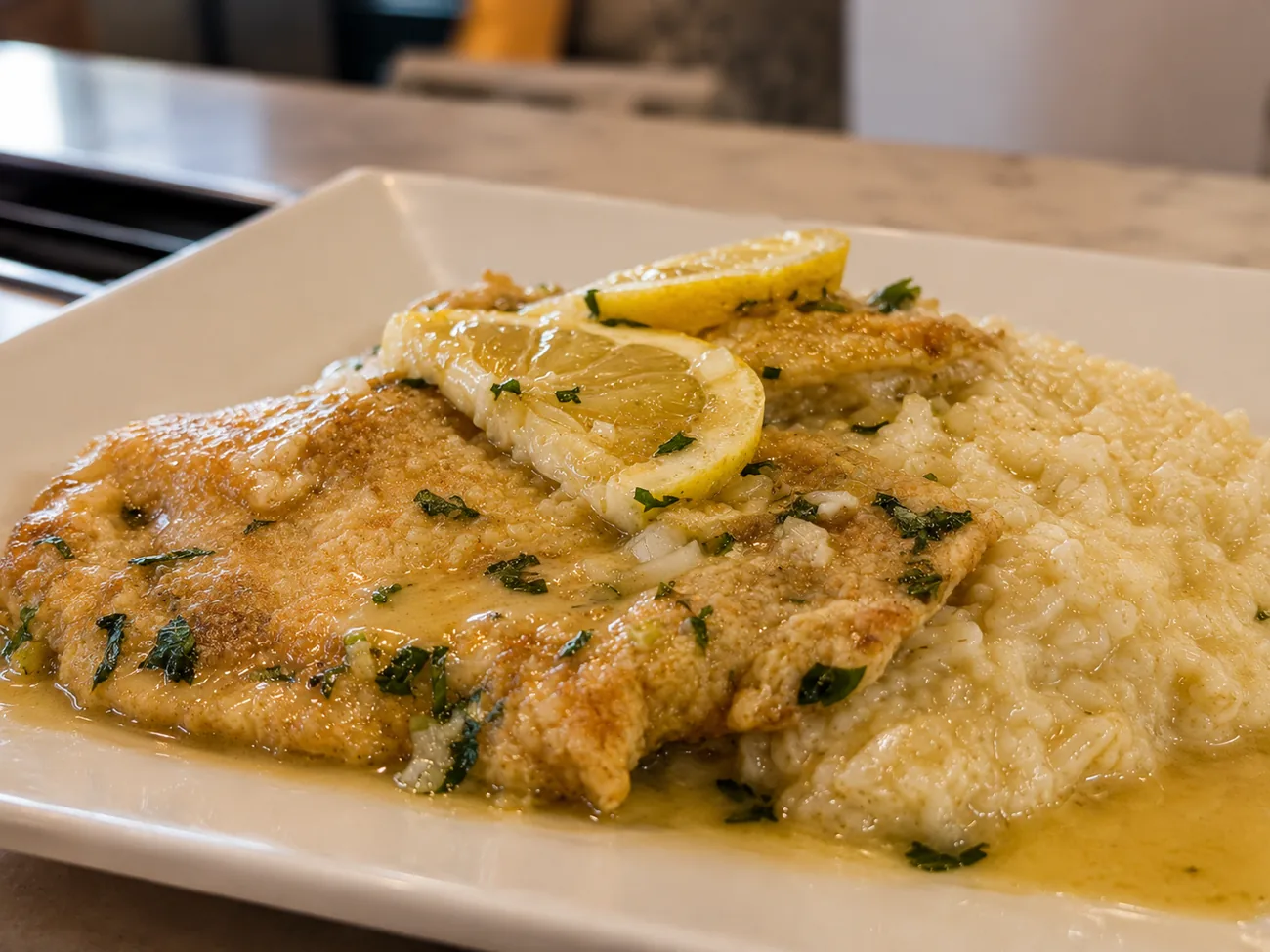 Chicken francese with lemon over risotto