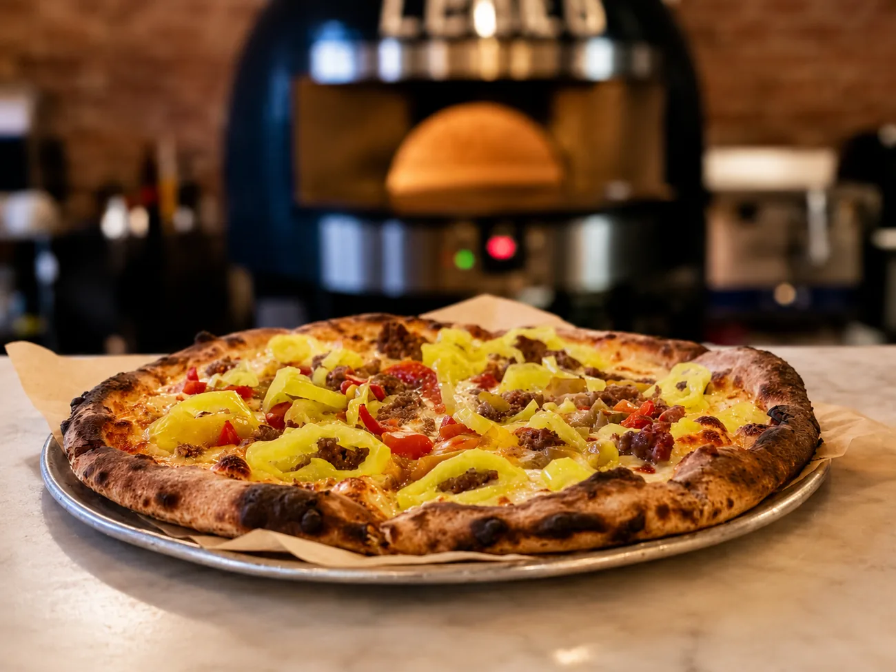 Wood-fired pizza with sausage and banana peppers