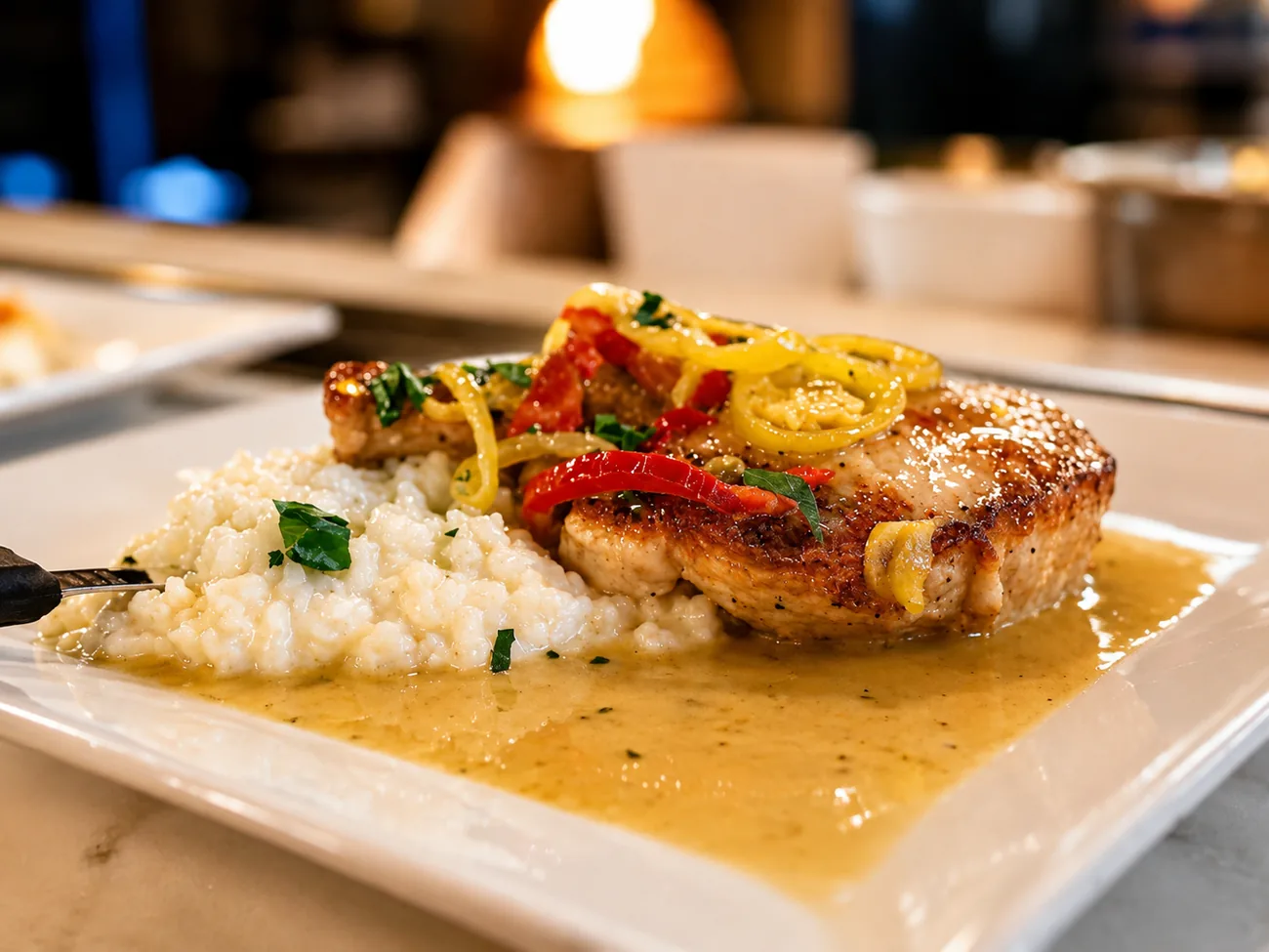 Grilled pork chop with sweet and hot peppers over risotto