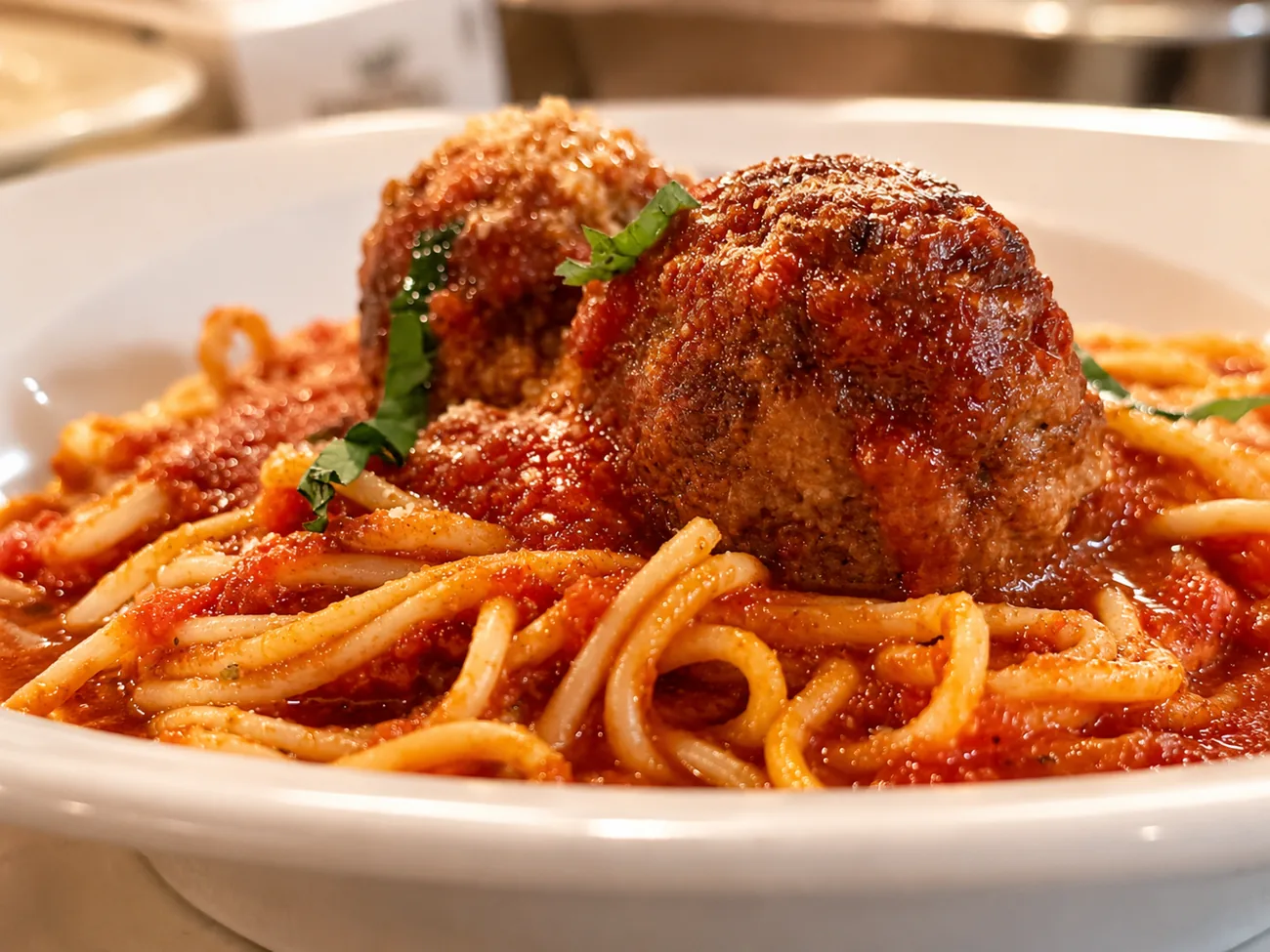 Spaghetti and meatballs in marinara