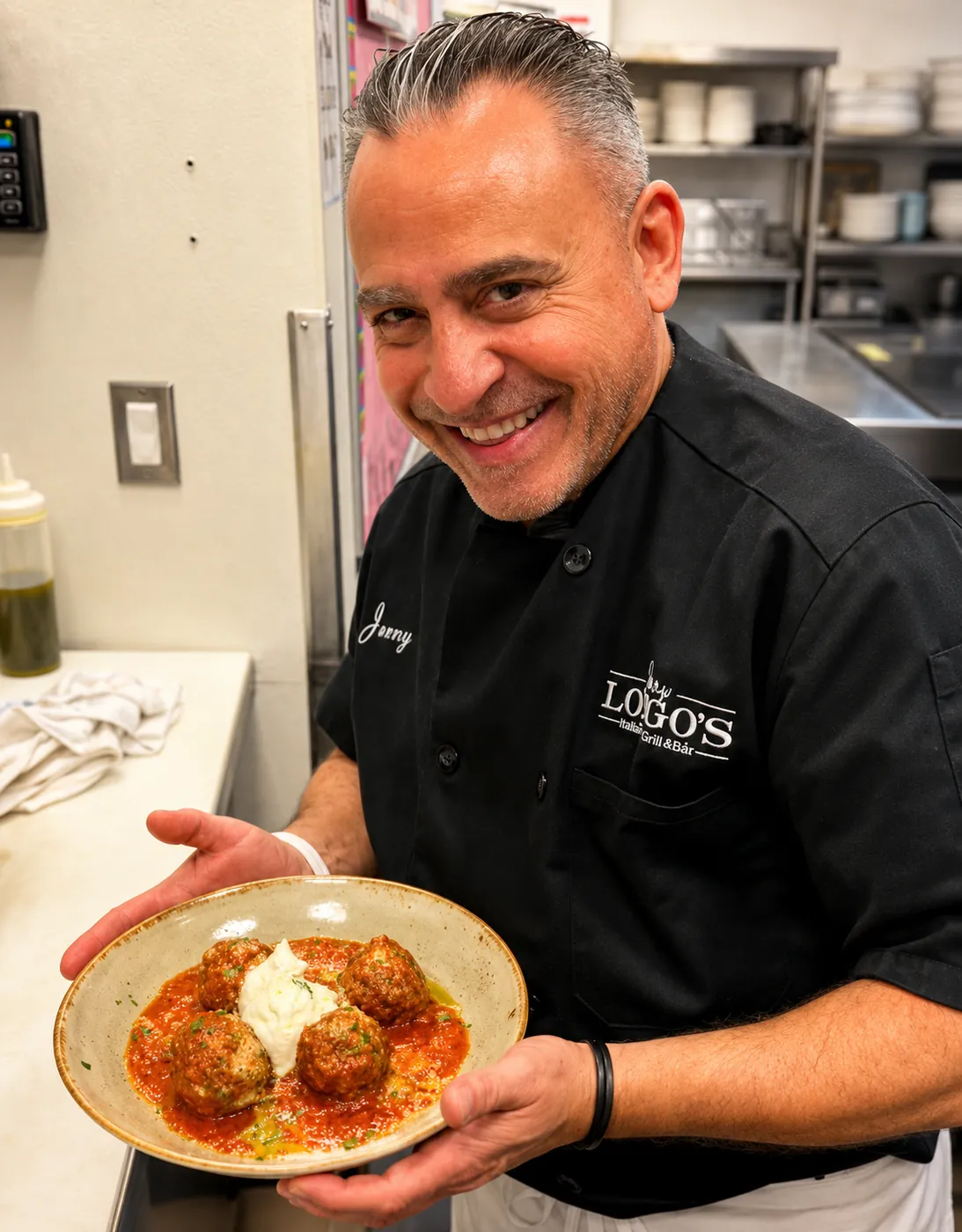Chef Jerry Longo presenting a freshly plated dish