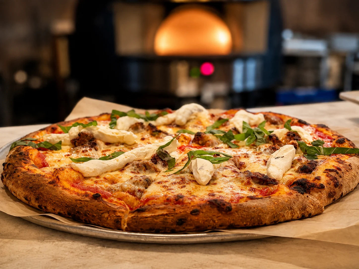 A wood-fired pizza fresh from the oven, blistered and finished with fresh basil and mozzarella